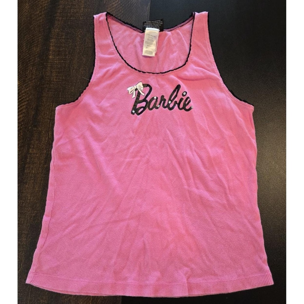 Vintage Barbie Tank Top Hot Pink Ribbed Sleep Shirt Bow Gems sz Large L 2005 Y2K